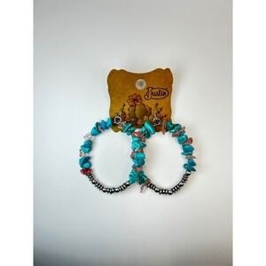 Justin Western Turquoise Chip and Silver Tone Beaded Hoop Dangle Earrings